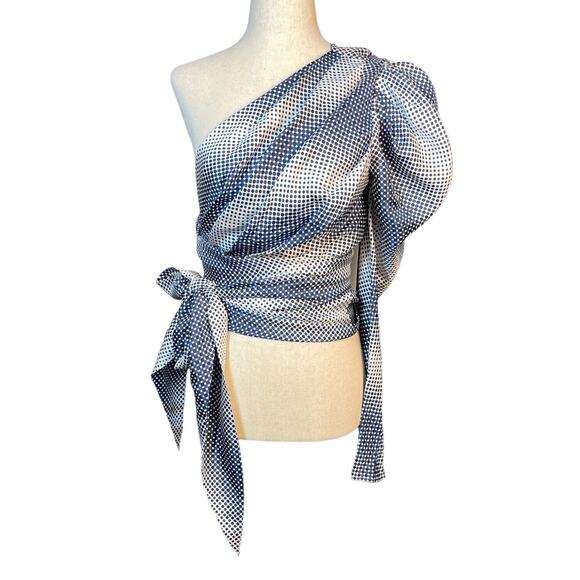 Alexandre Vauthier 100% Silk One Shoulder Statement Sleeve Wrap Blouse 40 Blue - Picture 2 of 16